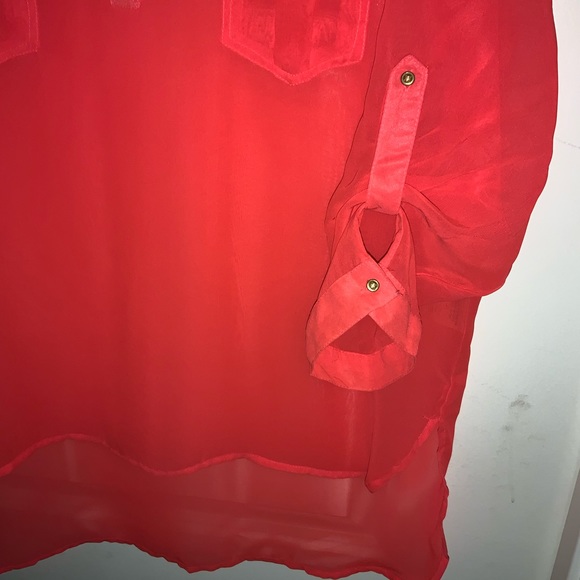 Neon orange - see through - 3 button w pockets blouse - size XL - HIGH LOW TUNIC - Picture 4 of 5